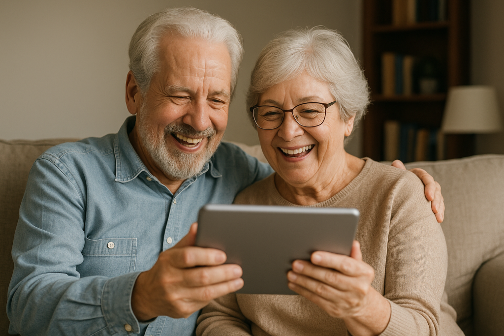 Elderly couple managing finances on a tablet