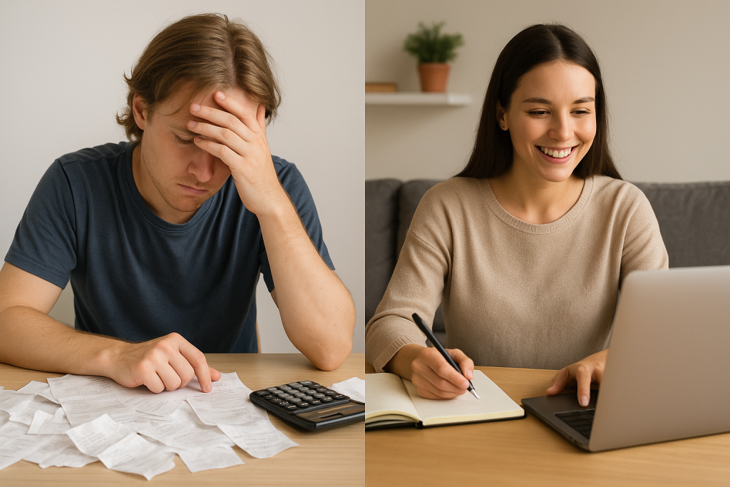 A split-screen of someone stressed over bills vs. another person calmly budgeting on a laptop.