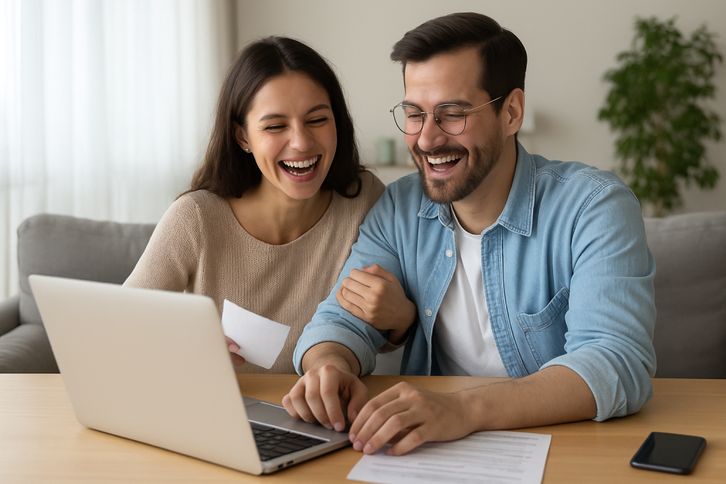  couple laughing while reviewing their budget.