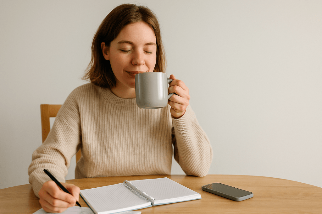 A relaxed person sipping coffee while budgeting. 