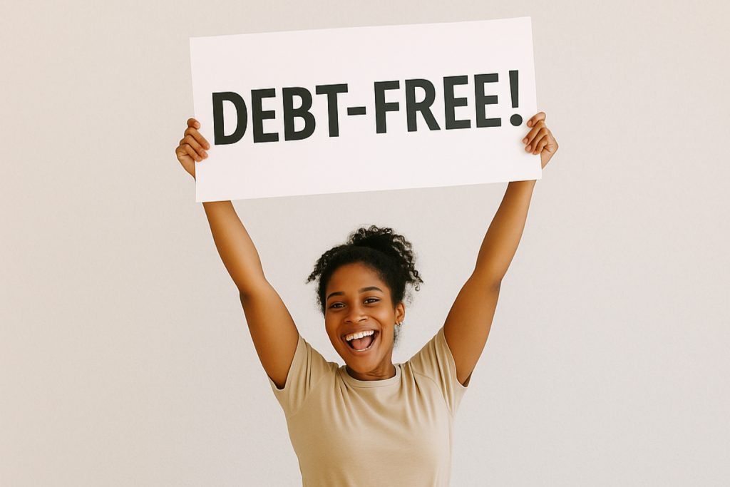 Someone holding a “Debt-Free!” banner while jumping. 
