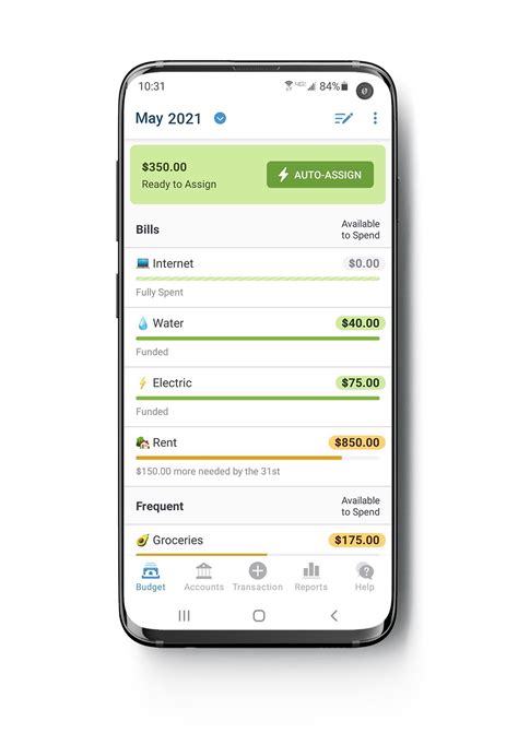 YNAB’s mobile app interface showing budget categories.