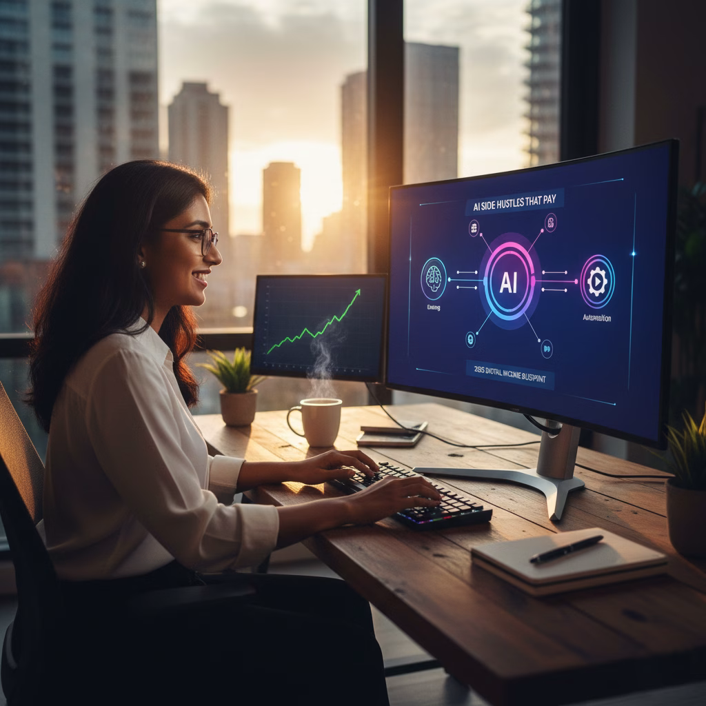 Realistic workspace featuring a young entrepreneur successfully managing multiple AI side hustles and generating digital income in 2025.