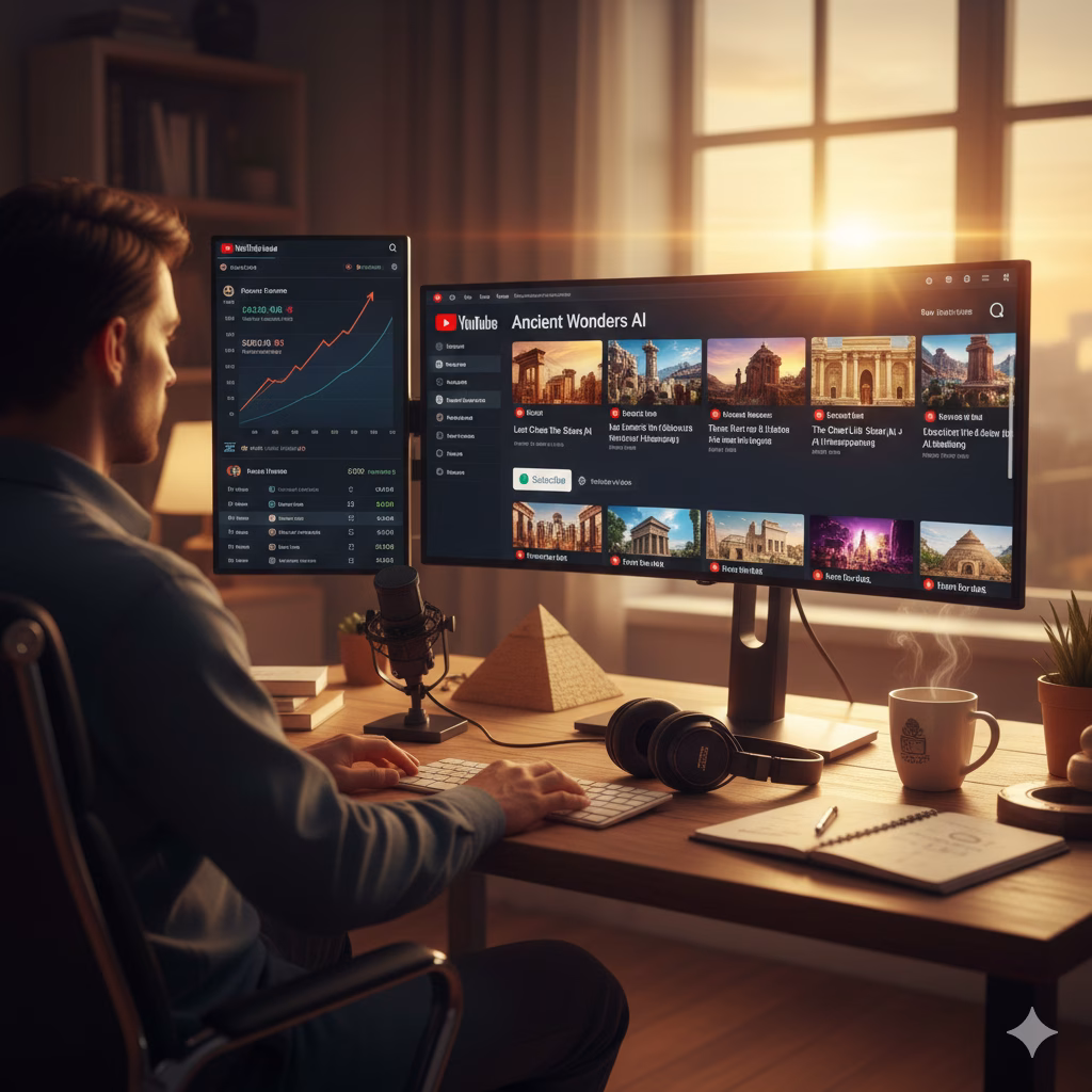 A person working at a desk, looking at monitors displaying video editing software and channel analytics charts, illustrating the passive creation of a profitable faceless YouTube channel.