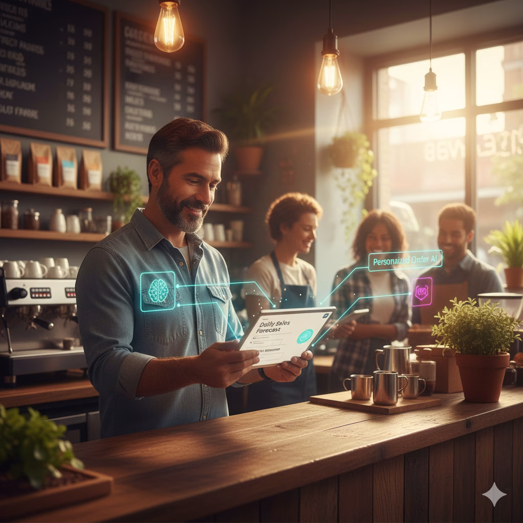 A local coffee shop owner smiling while using an AI-integrated tablet to view a daily sales forecast, with subtle glowing AI icons for personalized orders and business intelligence in the background.