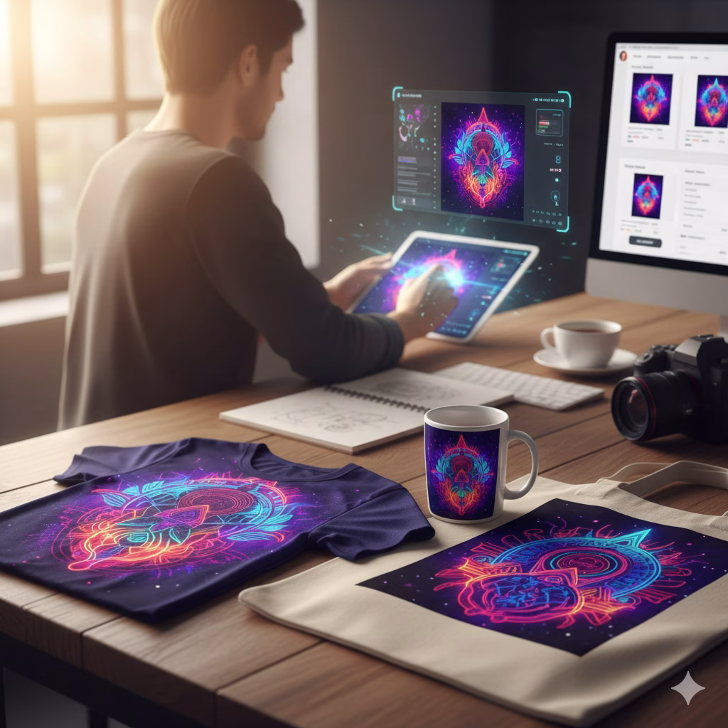Close-up of AI-generated abstract art displayed on several print-on-demand products like mugs and phone cases, illustrating the digital design side hustle.