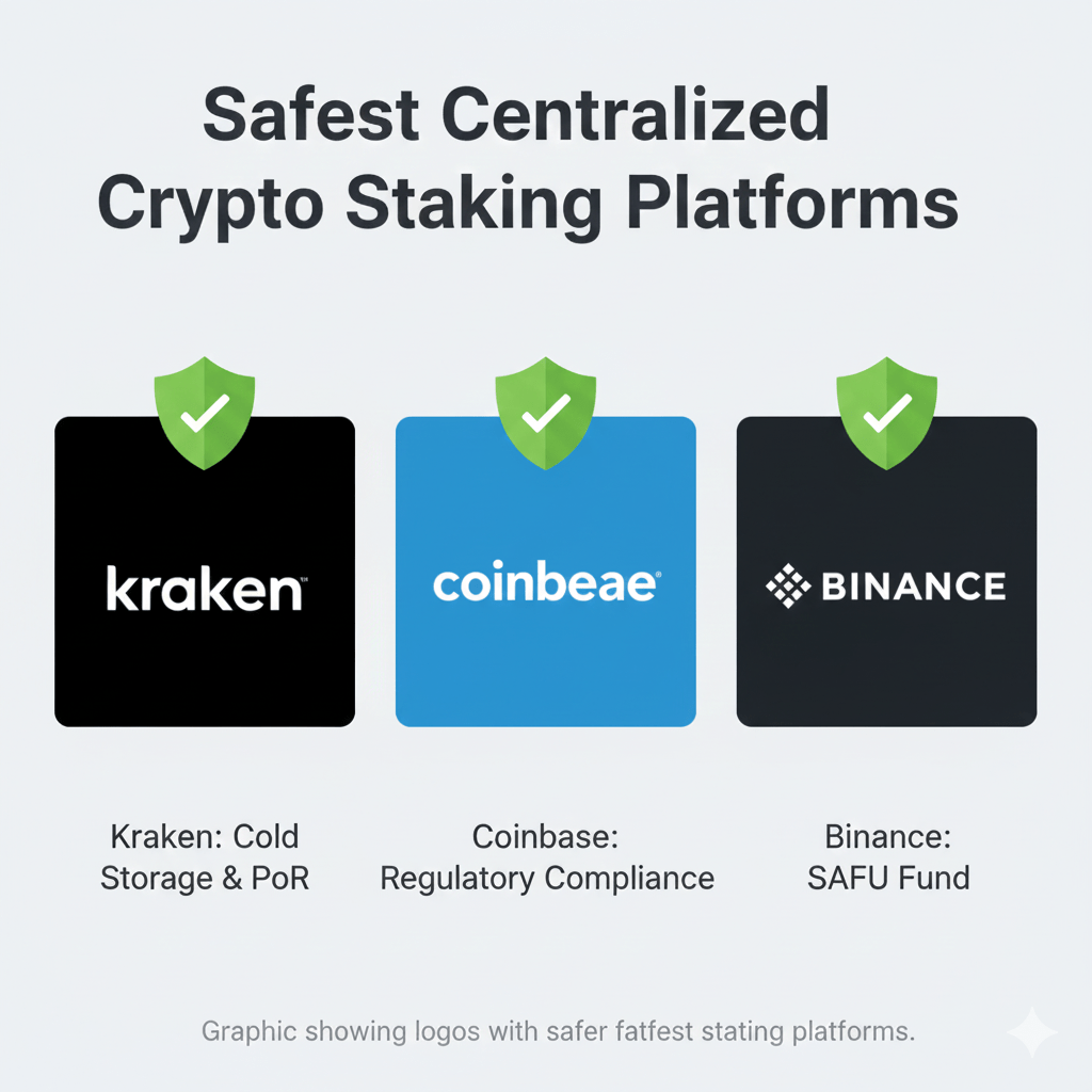 Graphic showing Kraken, Coinbase, and Binance logos with security checkmarks for safest crypto staking platforms.