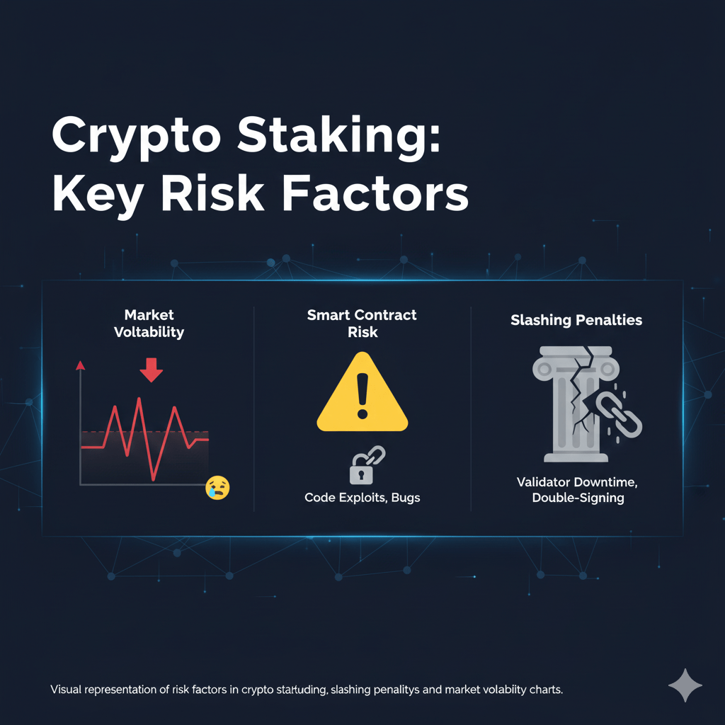 Visual representation of risk factors in crypto staking, including slashing penalties and market volatility charts.