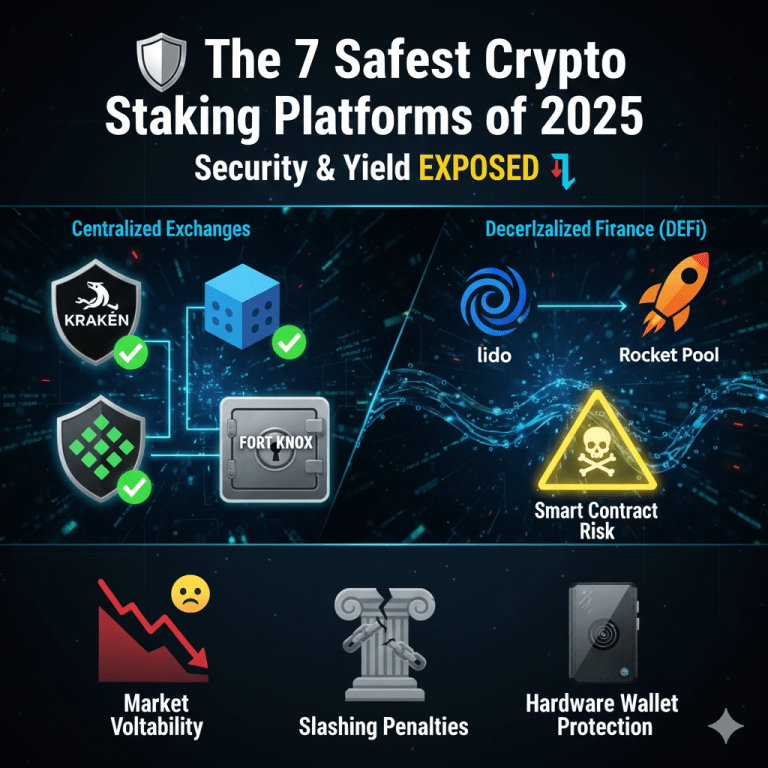 Secure illustration of a digital currency vault protected by a shield and locks, symbolizing the safest crypto staking platforms for investors in 2025.