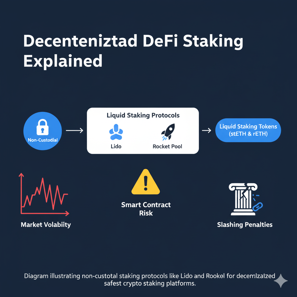 Diagram illustrating non-custodial liquid staking protocols like Lido and Rocket Pool for decentralized, safe crypto staking platforms.