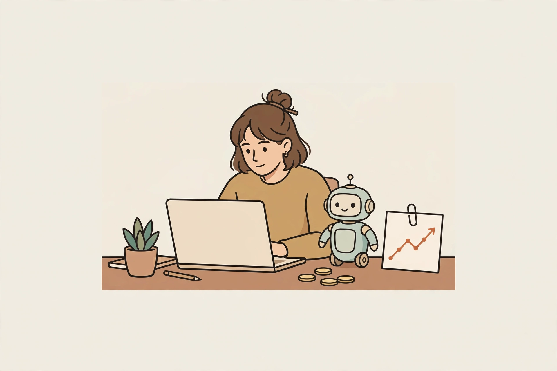 Person working at a laptop with a small robot assistant, coins, and a rising chart.
