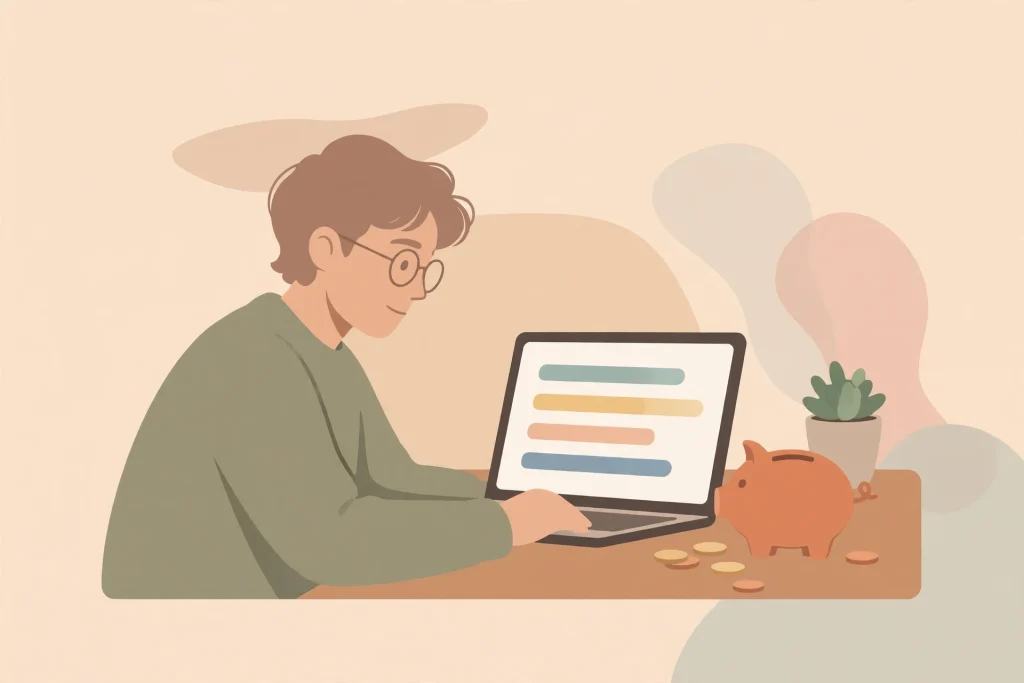Person reviewing a monthly budget on a laptop with a piggy bank and coins.