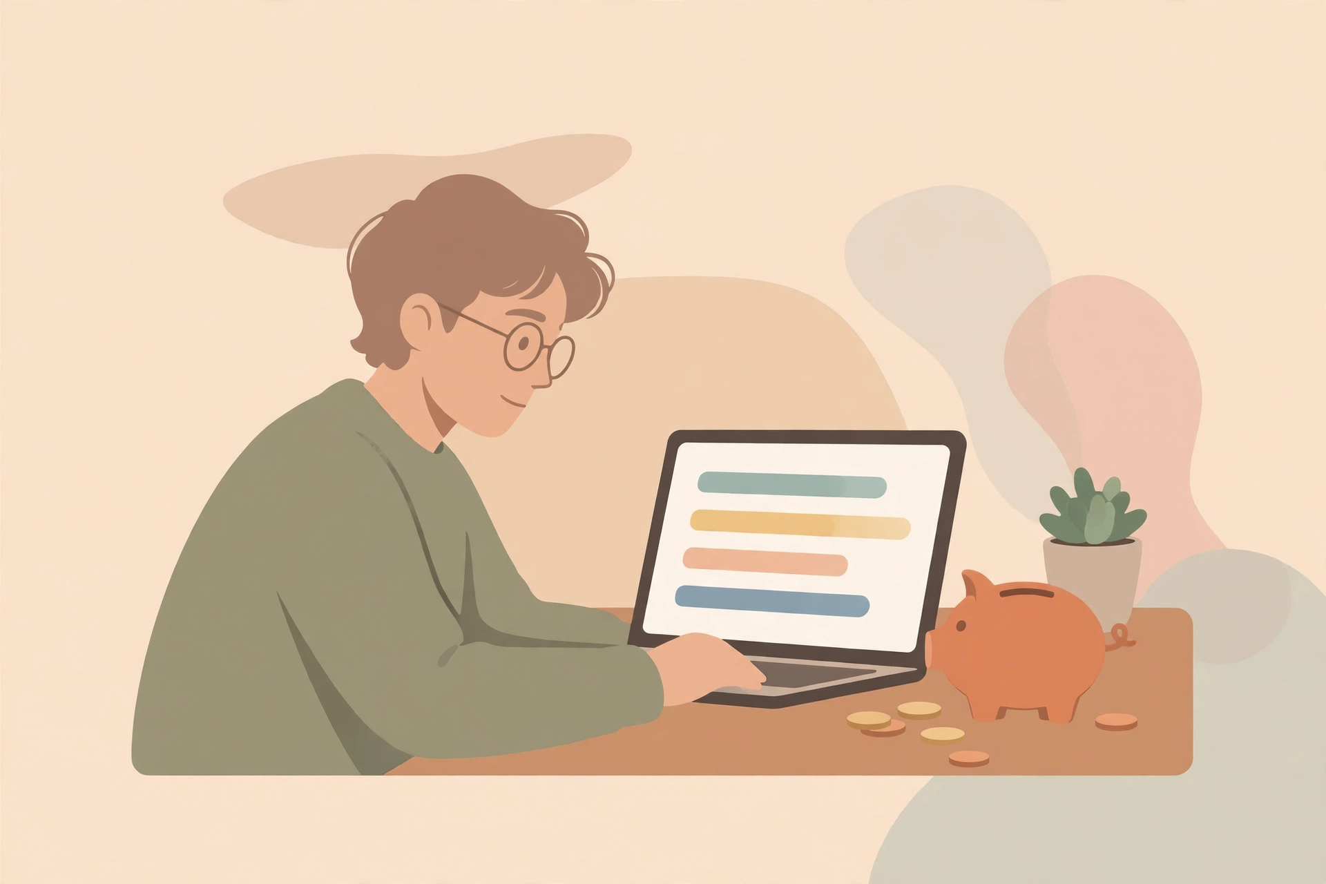 Person reviewing a monthly budget on a laptop with a piggy bank and coins.